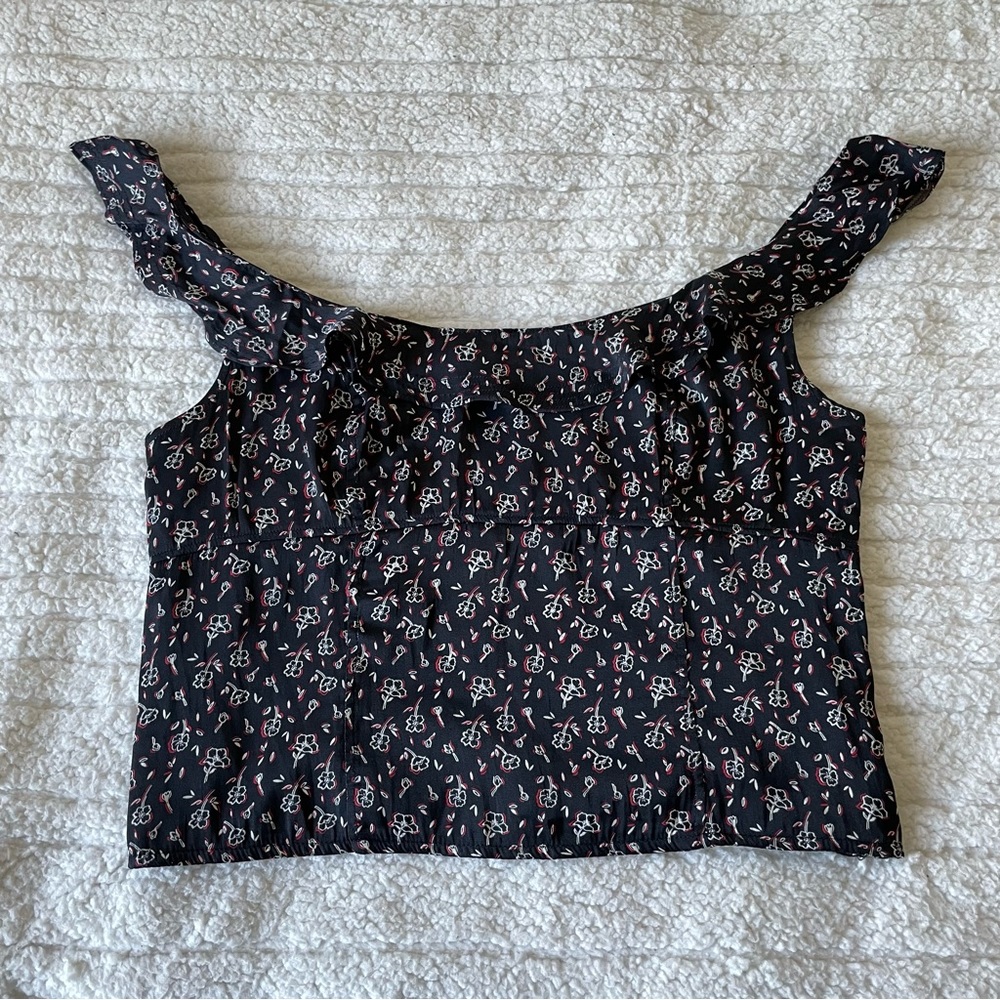 Free People Stay With You Ruffled Blouse Crop Top Floral Black Combo Size XL